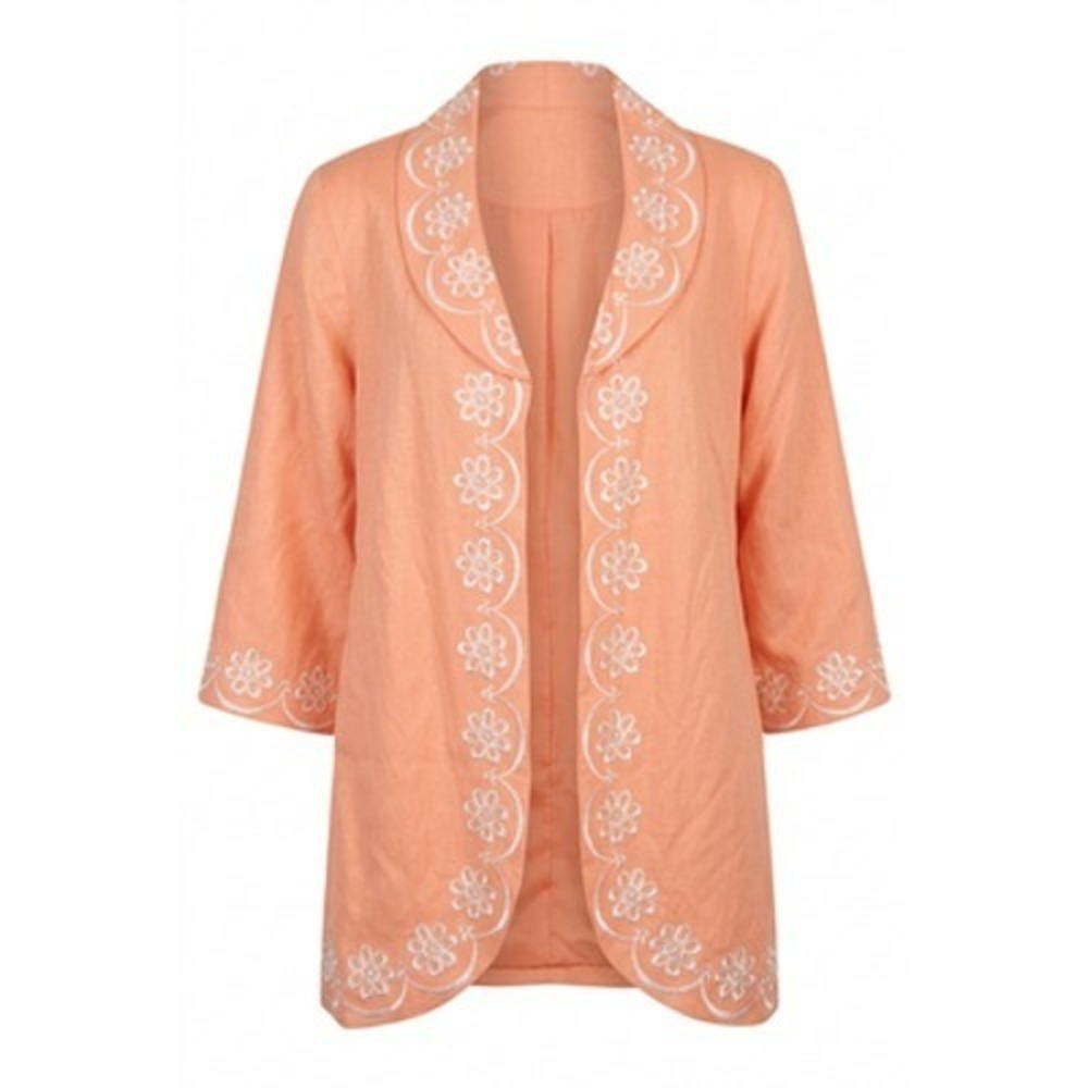 Bob Mackie Jacket Women S Orange Linen Blend Floral Embroidered Artsy Career